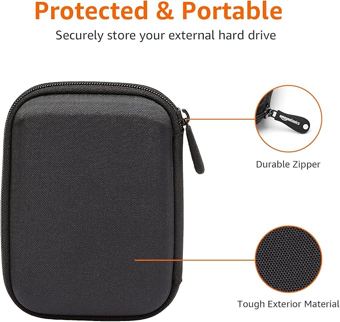 Amazon Basics Portable External Hard Drive Carrying Case with Mesh Storage, Protection, Secure Strap, Black