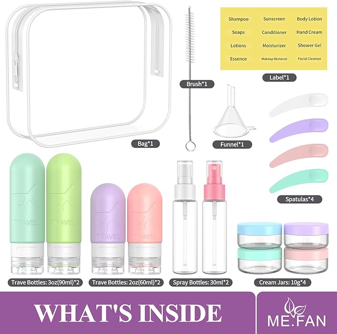 ME.FAN 18 Pack Travel Bottles for Toiletries, TSA Approved Travel Size Containers Set, Silicone Squeezable Portable Split Bottle, Travel Accessories for Conditioner, Shampoo, Lotion - Bright