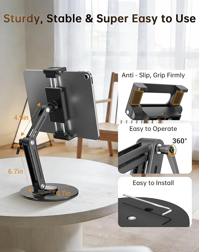 Portable Monitor Stand Desk Holder- Large Clamp Support up to 12.9 14.6 15.6 18.5 inch 360° Rotating Base Swivel for iPad Pro/Mini/Air/Surface Strong Bearing Weight Over 5.5lbs (Up to 17.3'')