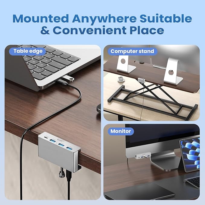 EJAY Mountable 4Ports USB3.0 HUB Alu Desktop Clamp Type C USB3.0 Splitter for Desk/Monitors with Extra Power Supply Port,59inches Data & 39inches Power Cables-5Gbps, Silver