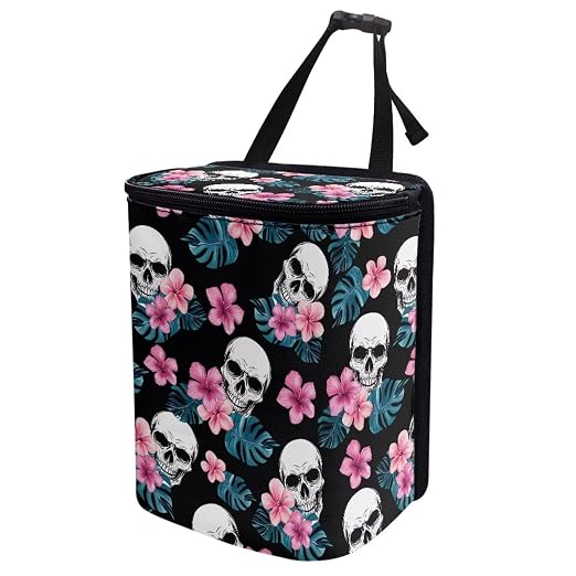 Biyejit Skull Hibiscus Leak Proof Car Trash Can with Lid - Waterproof Automotive Garbage Bin for SUVs, Collapsible and Portable Car Trash Bag
