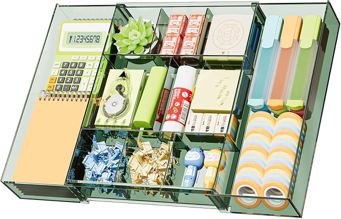 Marbrasse Expandable Desk Drawer Organizer, Clear Plastic Drawer Organizer Tray with 10 Adjustable Compartments, Desk Organizers and Accessories, 5 Drawer Dividers for Office Supplies(Clear Green)