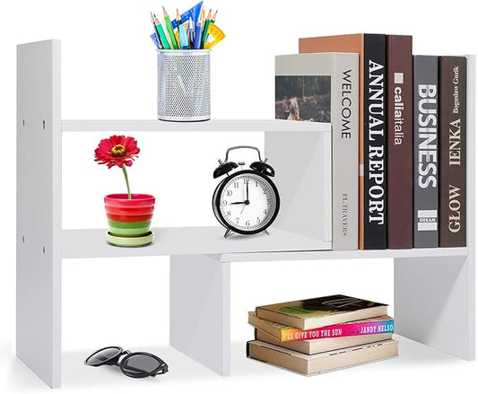 Hossejoy Wood Adjustable Desktop Storage Organizer Display Shelf Rack, Office Supplies Desk Organizer,White