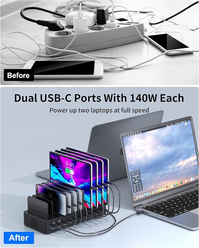 620W Charging Station for Multiple Devices, 10-Port USB C Fast Charger Station, Dual 140W PD3.1 PPS Charging Dock with Adjustable Dividers & 6 Cables - for Laptop MacBook, iPhone, iPad