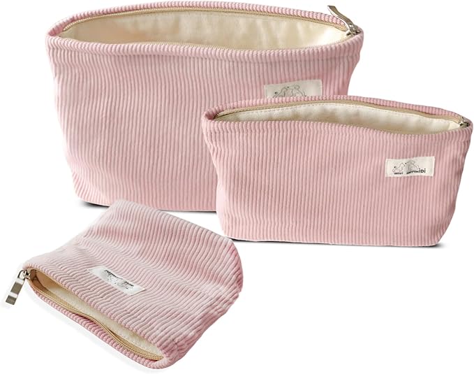 HAPPYHEIDI Corduroy Makeup Bag Set 3 w Pocket Cosmetic Toiletry Travel Pouch Purse Organizer, 3-Size, Soft Creamy Pink