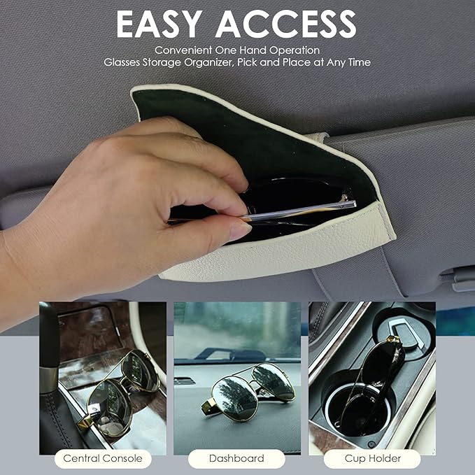 Magnetic Sunglass Holder for Car Visor Clip, Leather Car Glasses Holder, Visor Accessories Eyeglasses Holder Glasses Storage Case (02-Beige)