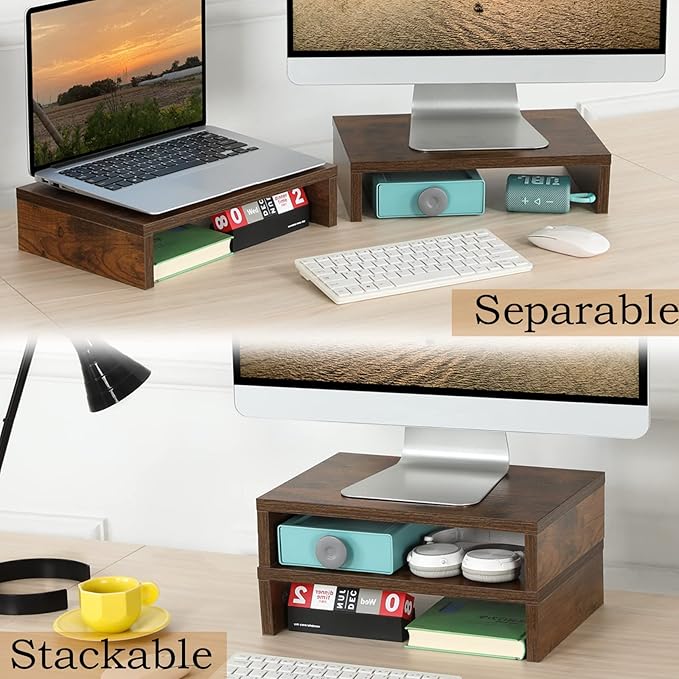 TEAMIX 3 PCS Rustic Brown Monitor Stand Wood