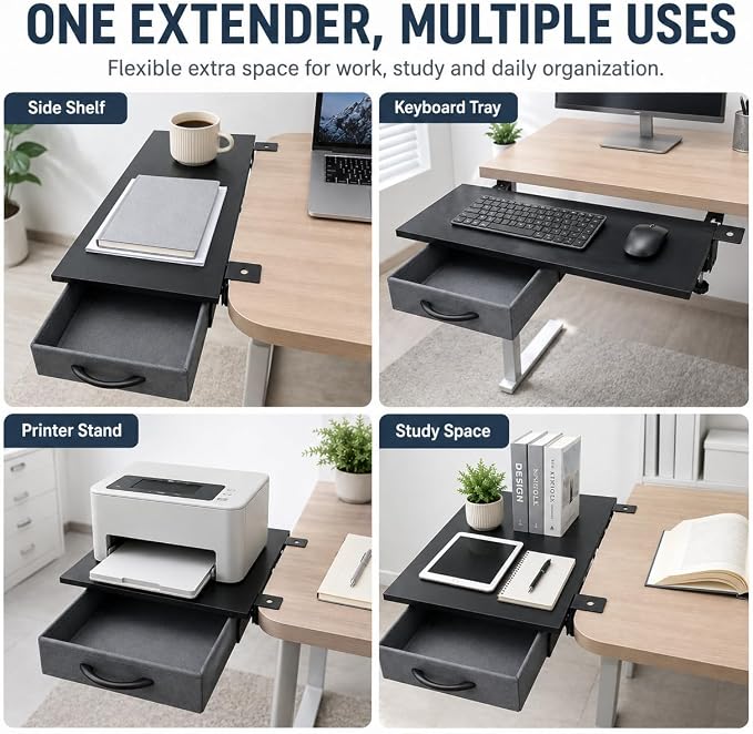 Desk Extender Tray with Drawer, 24 x 12 in, Clamp On Desk Shelf, Black | Extension Table Extender, Keyboard Tray Arm Rest, Front or Side Mount, 55 lbs, Home Office Gaming