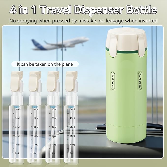 4 in 1 Travel Dispenser Bottle, 30ML/Pack Squeeze Bottles, Portable Refillable Containers for Toiletries/Shampoo/Conditioner/Shower Gel (Green)