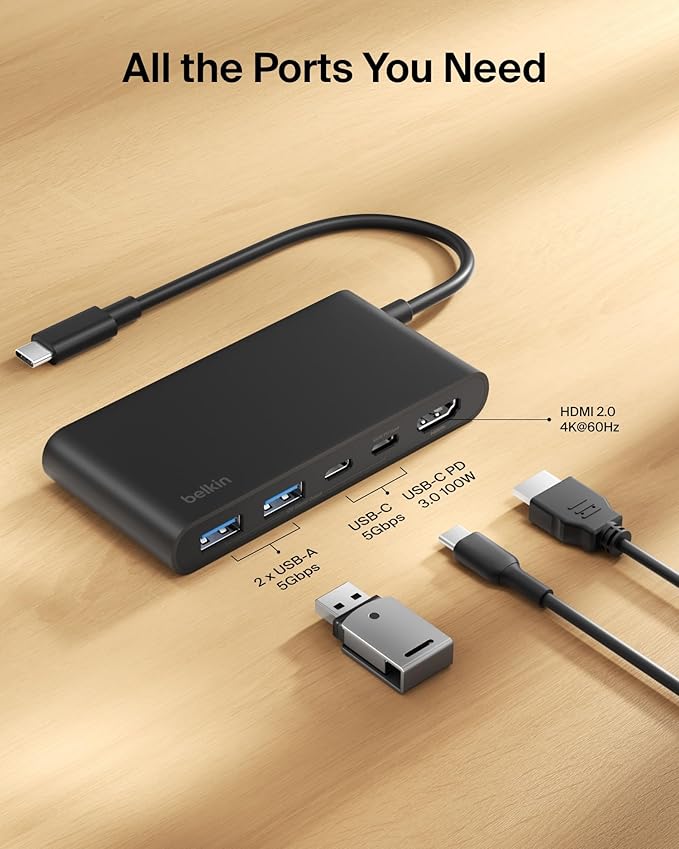 Belkin USB C Hub, 5-Port Hub With 4K HDMI Display @ 60Hz, 100W Power Delivery, Fast Data Transfer 5Gbps, USB C Multiport Adapter for iPad Pro, Chromebook & More, MacBook Accessories with HDMI 2.0 port