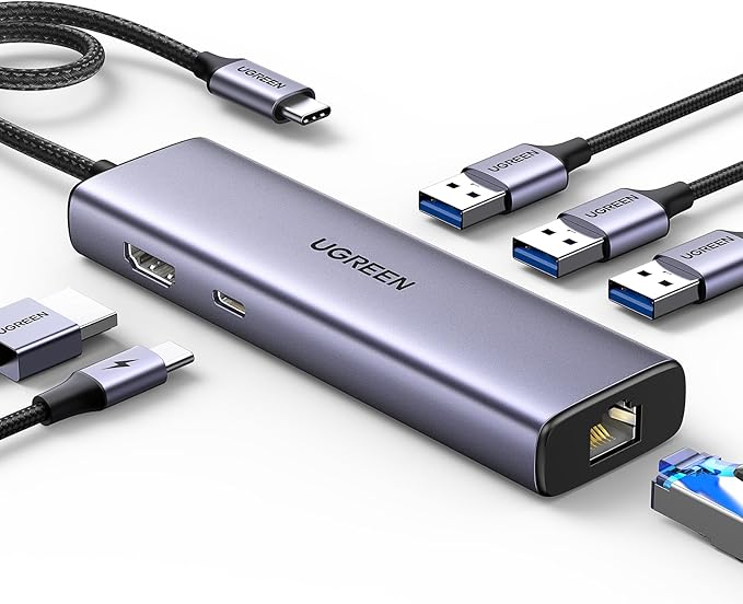 UGREEN Revodok 6 in 1 USB C Hub Gigabit Ethernet Adapter with 4K HDMI, 100W PD Charging, USB A Data Ports Compatible with Mac M1, M2, M3, M4,M5,iPad, iPhone 16 Pro/Pro Max, Steam Deck