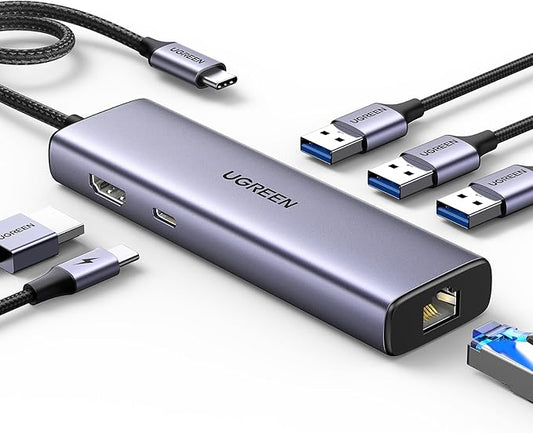UGREEN Revodok 6 in 1 USB C Hub Gigabit Ethernet Adapter with 4K HDMI, 100W PD Charging, USB A Data Ports Compatible with Mac M1, M2, M3, M4,M5,iPad, iPhone 16 Pro/Pro Max, Steam Deck