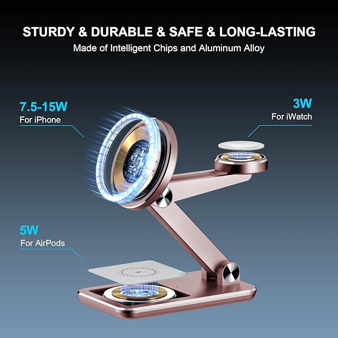 Wireless Charger 3 in 1,Foldable Wireless Charging Station for Apple MagSafe Charger,Aluminum Portable Magnetic Travel Charger Stand for iPhone,Watch,Aipods (with 20W Adapter & Case)