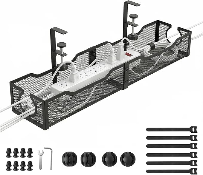 Upgraded 25.2'' Under Desk Cable Management Tray, No Drill Clamp-On Design Wire Organizer, Cable Organization Box for No Damage to Desk, Metal Cord Organizer for Home Office, Black