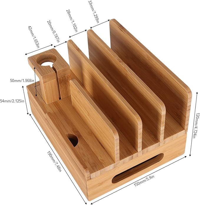 Bamboo Wood Multi-Device Desktop Charging Dock Station Charger Holder Cradle Charge Stand Compatible iPhone 16 15 14 13 Pro Max iPad Mini Pro Air Apple Watch Ulrta 10 9 8 7 6 5 4 3 2 iWatch Smartphone