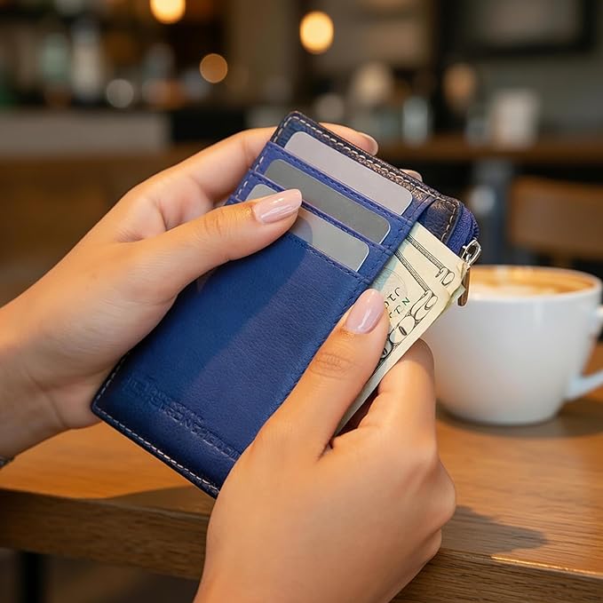 ID STRONGHOLD RFID Front Pocket Wallet Mini Minimalist Wallet Slim Wallet Genuine Leather with Zipper , Royal Blue , Small