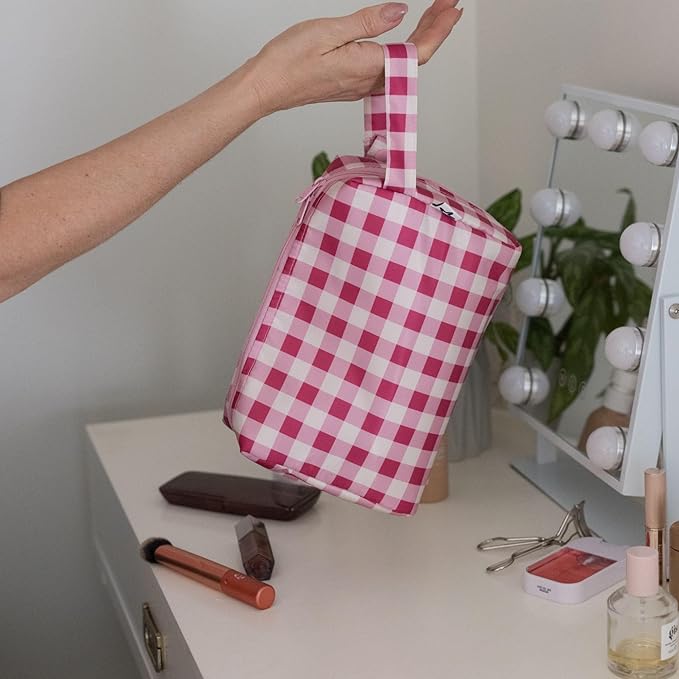 Tiny Twinkle Waterproof Travel Toiletry & Makeup Bag Organizer | Makeup Pouch with Multiple Compartments & Snap Handle for Travel | Gift for Teen Girls and Women (Raspberry Gingham)