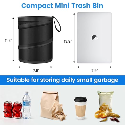 2 Pack Car Trash Can, Mini Pop-Up Car Garbage Can with Hanging Loop, Leakproof Washable Small Collapsible Trash Can Automotive Garbage Cans Trash Bin for Truck Auto SUV Vehicle RV Camping, 2 Gallon