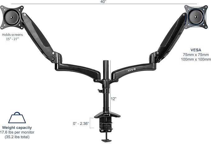 VIVO Premium Black Dual Monitor Pneumatic Counterbalance Height Adjustable Arm, Desk Mount Stand, Holds 2 LCD Screens up to 27 inches STAND-V002JB