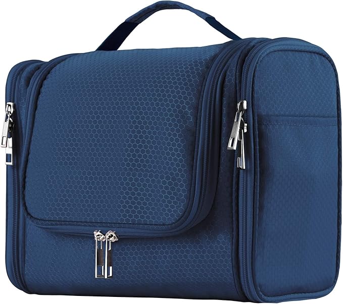Buruis Hanging Toiletry Bag for Women and Men, Large Water-Resistant Makeup Organizer with Sturdy Hook, Lightweight Nylon Dopp Kit for Full-Sized Toiletries & Cosmetics, Blue