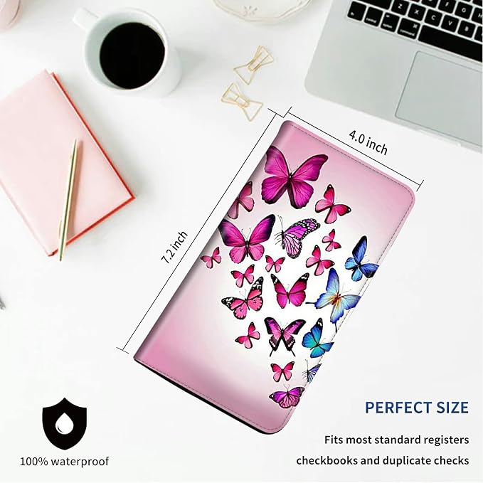 DEGDFSGR Checkbook Cover - Premium Leather Standard Duplicate Register Check Card Book Holder Wallet with RFID Blocking Function for Girl Men Women (Pink Flying Butterfly)