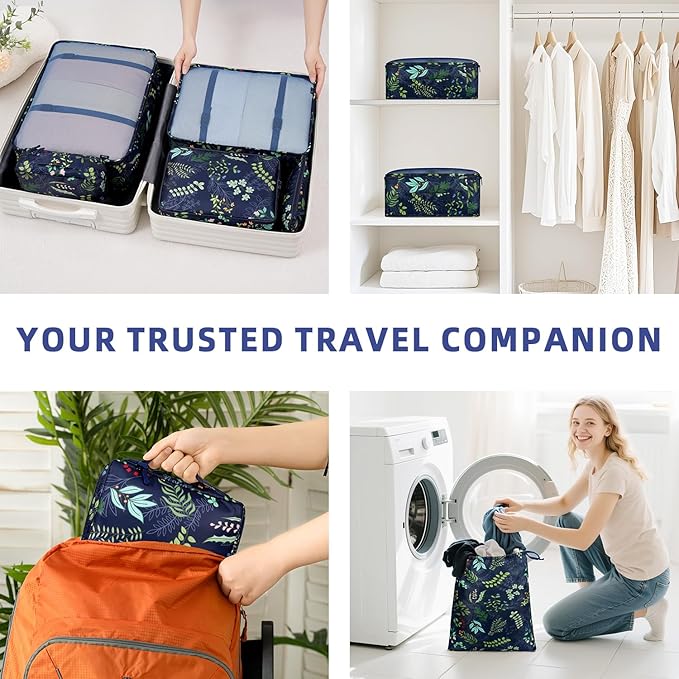 BAGAIL 8 Set Packing Cubes Luggage Packing Organizers for Travel Accessories-Navy Leaf
