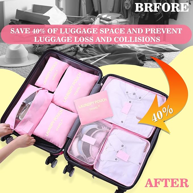 8 Set Packing Cubes for Travel Luggage Packing Bags Reusable Waterproof Suitcase Organizer Cubes Set with Shoe Bag and Toiletry Bag (Pink)