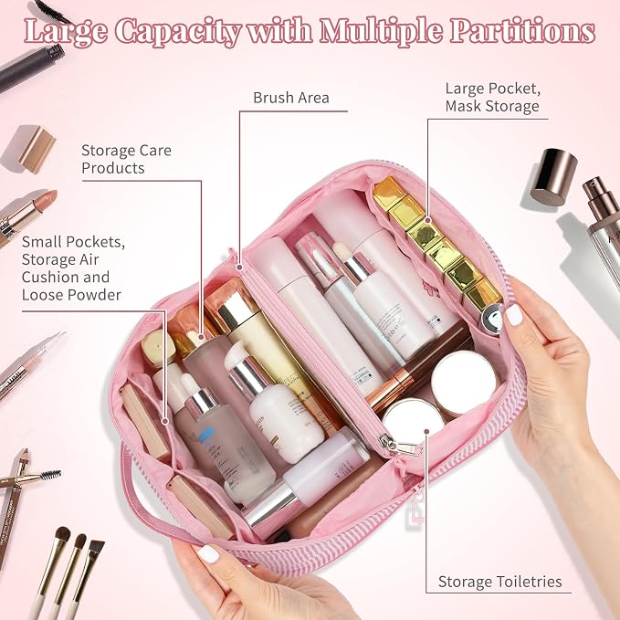 2026 Graduation Gifts - Travel Makeup Bag for Women, 2Pcs Portable Personalized Initial Makeup Organizer Bag, Open Flat Large Cosmetic Bag With Travel Essential Pouch (Pink Letter E)