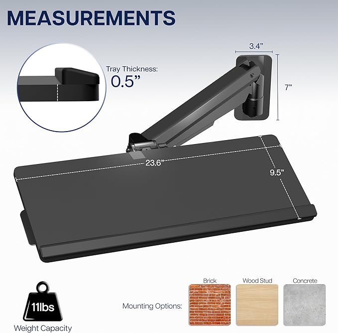 VIVO Sit-Stand 24 Inch Pneumatic Spring Keyboard and Mouse Tray Wall Mount, Counterbalance Height Adjustable Typing Platform, Ergonomic Tilt, Black, MOUNT-KB26C