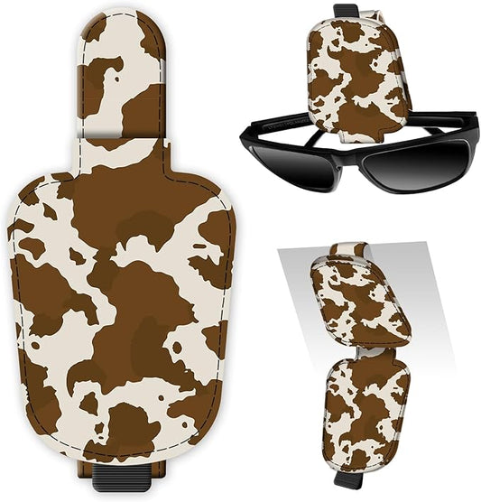 Leather Magnetic Sunglass Holder for Car Sun Visor, Cute Eyeglass Ticket Card Hanger Clip, Universal Auto Interior Accessories for SUV Pickup Truck Brown Cow Print