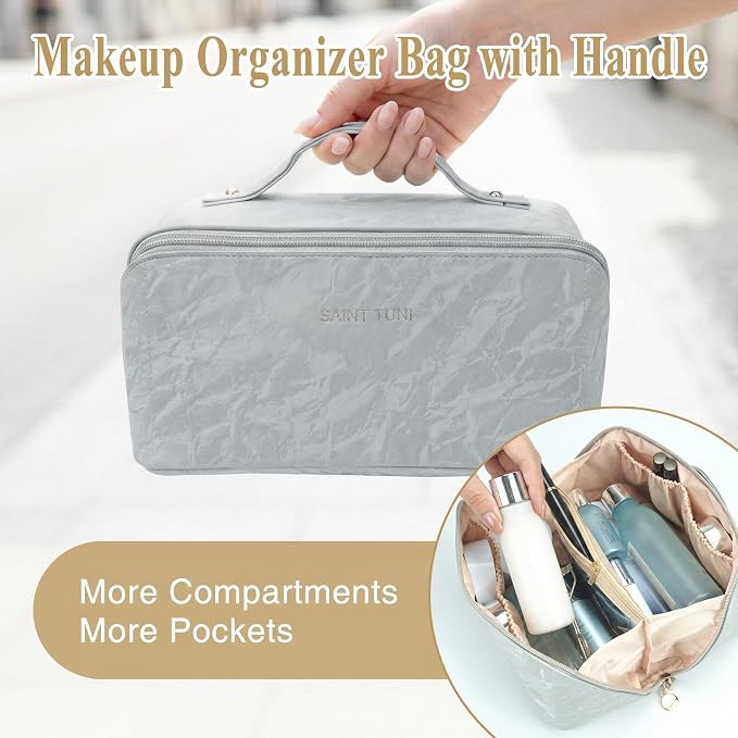Cosmetic Bag,Travel Makeup Bag, Large Capacity Cosmetic Bags for Women, Waterproof Portable Open Flat Toiletry Bags,Makeup Organizer Bag with Divider and Handle, Cosmetic Pouch Gifts for Women (Grey)