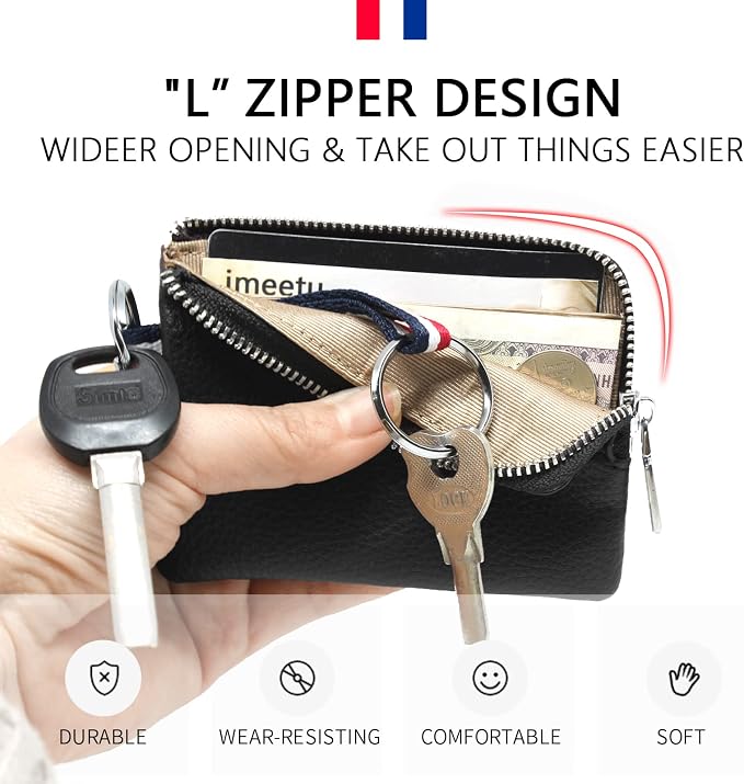 Leather Coin Purse, Change Purse for Men Women (Black, standard) | Mini Coin Pouch with Zipper & 2 Keyrings, Water-resistant Genuine Leather Wallet for Pocket, Daily,Gifts