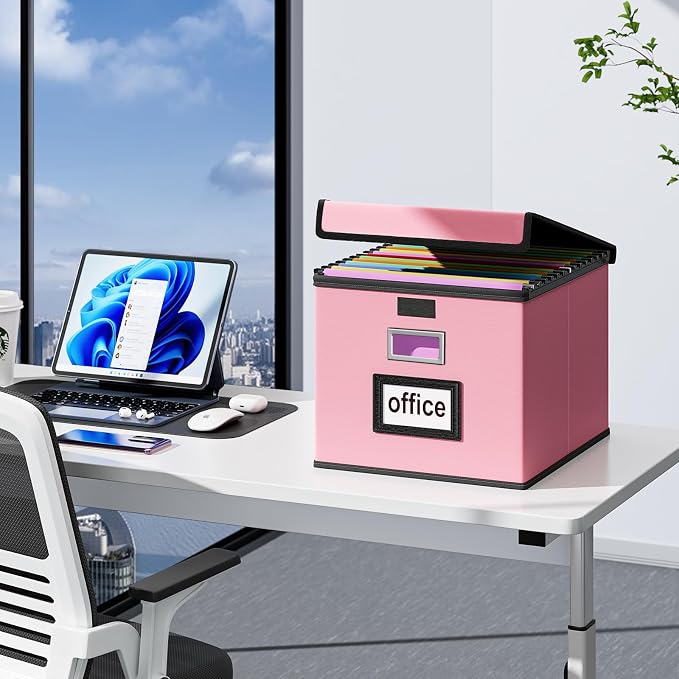File Organizer Box with Lid, Collapsible Leather File Folder Organizer for Office Document Storage, Filing Box with Plastic Slide for Letter/Legal Size Hanging Files, Pink
