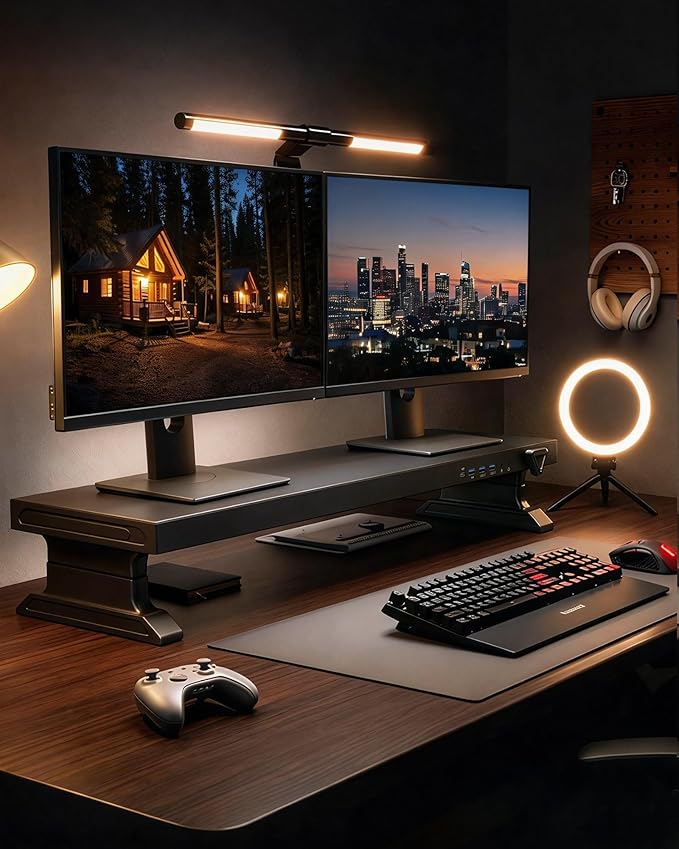 Height Adjustable Monitor Riser with 6-Port Hub ??37.6" Extra Wide Desk Stand for Dual Monitors, Continuous Height Adjustment 4.33??.69" via Knob, USB-C Fast Charging, Carbon Steel Black