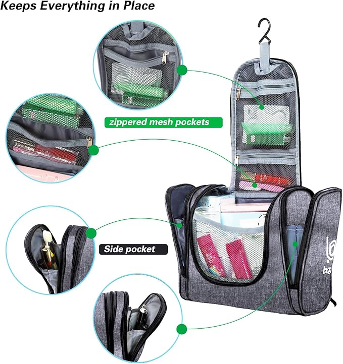 Bago Travel Toiletry Bag for Women and Men - Large Waterproof Hanging Toiletry Bag for Bathroom and Travel Bag for Toiletries Organizer (Snow Black)