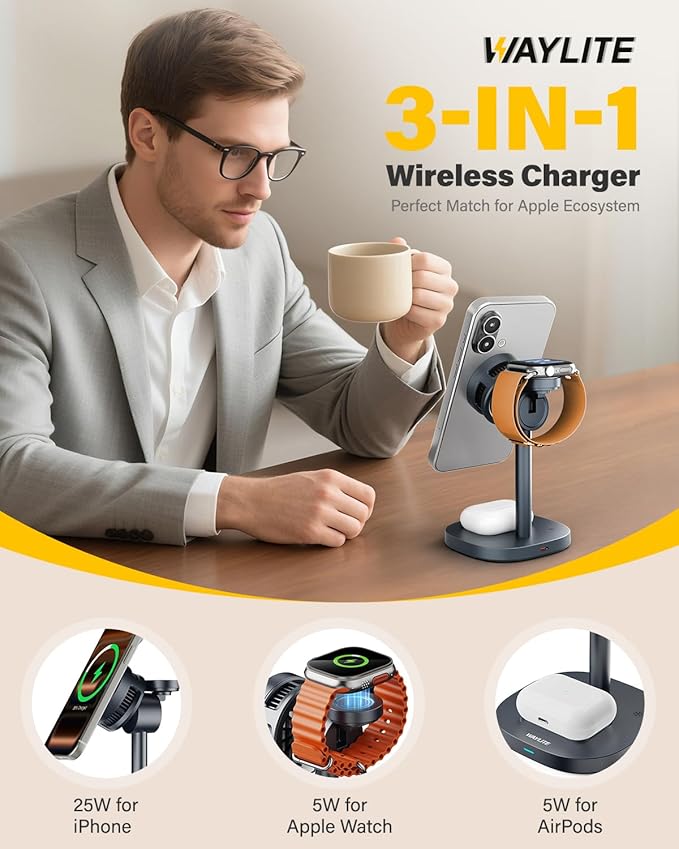 25W Fast Wireless Charger Stand for Apple MagSafe Charger, 3 in 1 Charging Station with TEC Cooling, Magnetic Wireless Charger for iPhone17/16/15/14/13/12, Apple Watch, AirPods, Gifts for Men
