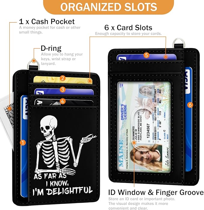 Yonlevres Skeleton Skull Credit Card Holder Slim Wallet, Funny Gothic RFID Wallet Women Front Pocket Small Card Holder, Goth Halloween Card Case ID Window PU Leather RFID Blocking Card Organizer Gifts