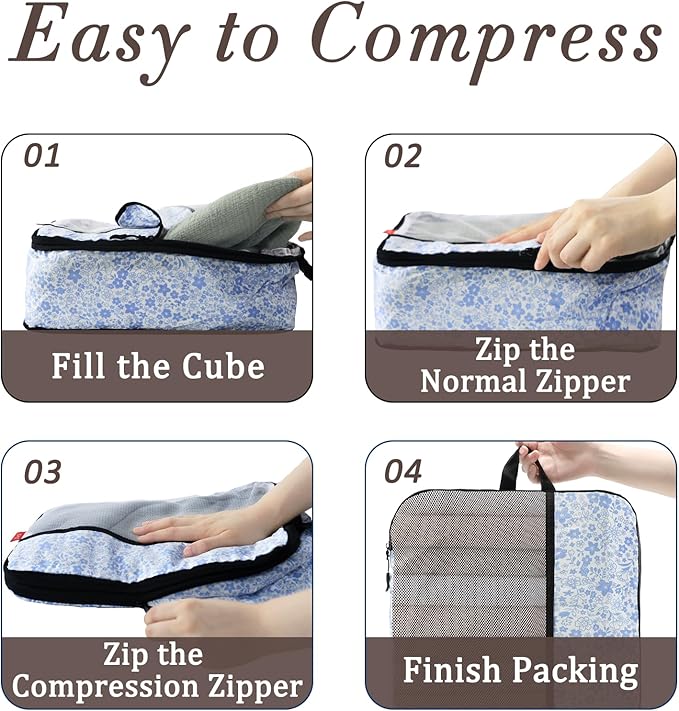 U+U 8 Set Compression Packing Cubes - Ultralight Travel Organizers with Laundry Bag and Cosmetic Bag, Space-Saving Suitcase Organizer for Travel, Business Trip and Family Vacation (Blue Flower)