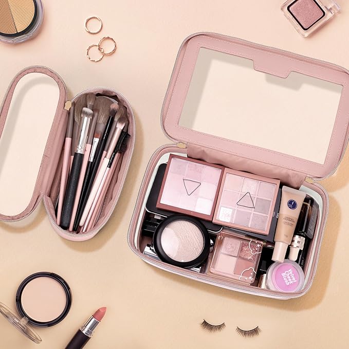 Soimeat Travel Clear Makeup Bag with Makeup Brush Bag, Leather Makeup Case Toiletry Bag, Portable Cosmetic Bag Case, Transparent Waterproof Cosmetic Organizer Storage Bag for Women, Pink