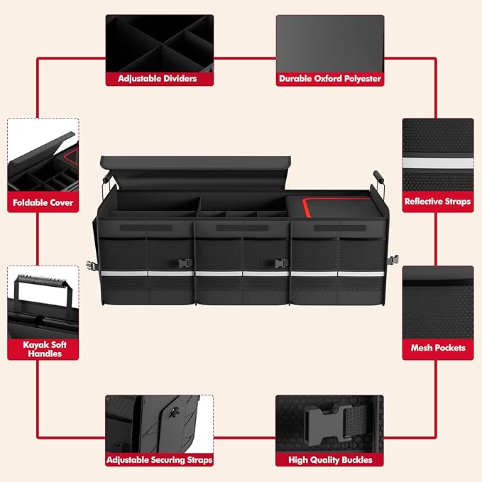 MEI&CO Car Trunk Organizer - 2.5mm PP Board Built, 35L Leakproof Cooler, 105L Capacity, 2 Tie-Down Straps, 4 Adjustable Dividers, Foldable Design for SUVs, Trucks, and Cars