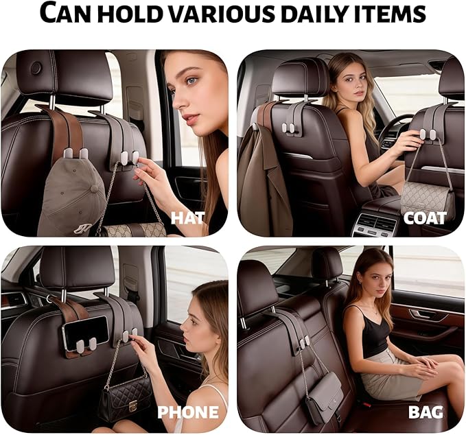 Car Headrest Hook 2 Pack, Universal Car Purse Holder for Back of Seat, Heavy Duty Leather Car Seat Hooks with Dual Metal Hooks, for Handbag, Grocery Bags, Water Bottle, Phone (Gray)