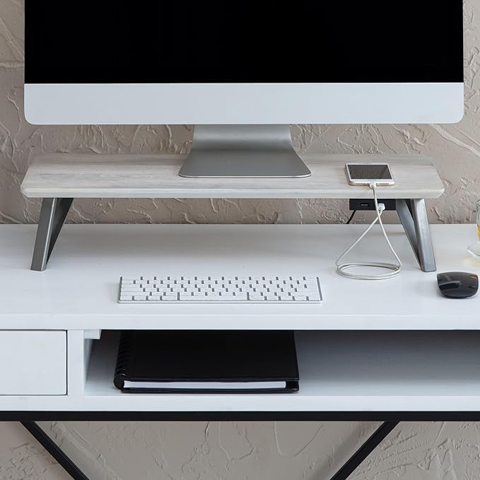 Anji Mountain Monitor Stand - Desktop Organizer & Laptop Riser, Ergonomic Monitor Riser, Space-Saving Monitor Stand for Desk, Durable Construction, Easy Assembly, Ideal for Home & Office,White Wash