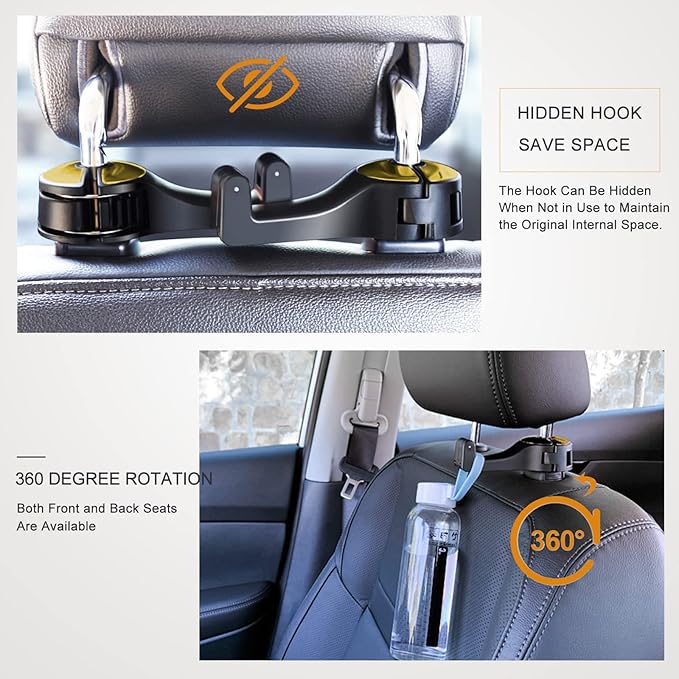 Car Headrest Hidden Hook with Phone Holder, Universal 360 Rotation, Gold, 2 Pack
