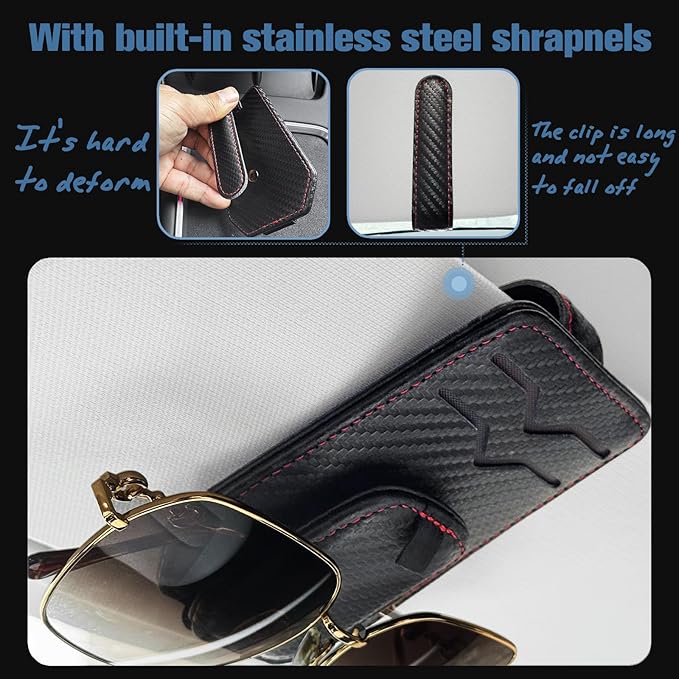 Car Sunglasses Holder - Visor Clip Style & Magnetic Plush Leather Construction Doubles as Credit Card & Fuel Card Box with Storage Pocket &Holds Sunglasses