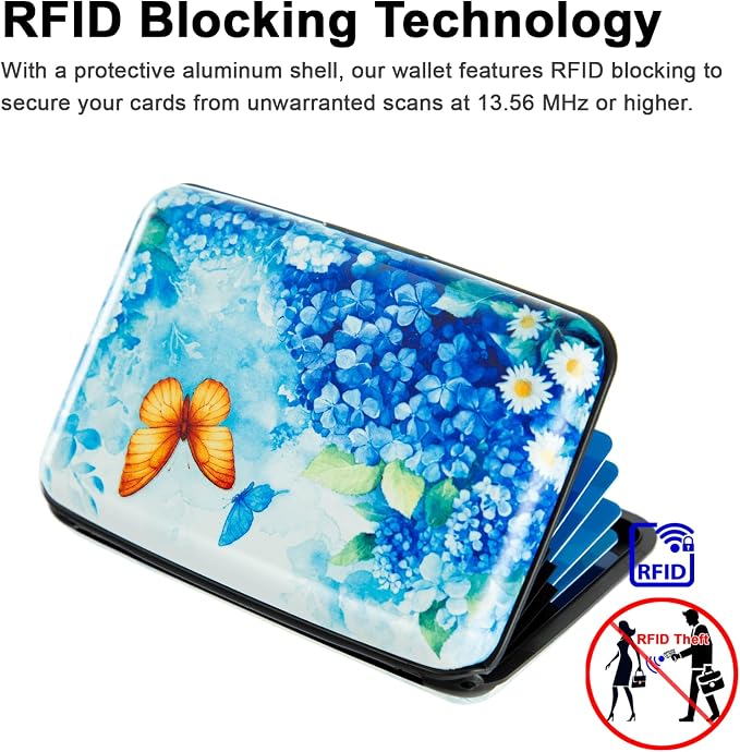 Credit Card Holder for Women Men RFID Blocking Wallet Small Business Metal Slim Mini Aluminum Hard Case (Hydrangeas Butterflies)