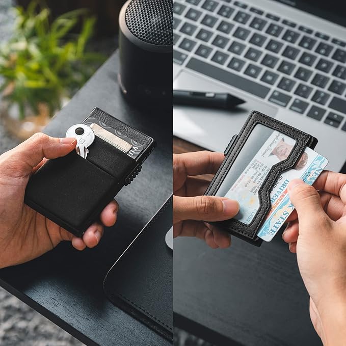 VULKIT Minimalist Wallet with ID Window & EDC Pocket Pop Up Card Holder RFID Blocking Slim Wallet Design for Airtag Cash Coins & Credit Cards