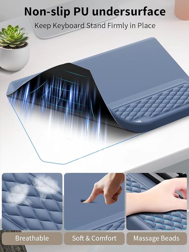 3-in-1 Ergonomic Keyboard Stand with Wrist Rest & Mouse Pad Set, Comfy Keyboard Riser Holder Soft Mousepad with Massage Design, Memory Foam and Non-Slip PU Base for Pain Relief, Blue