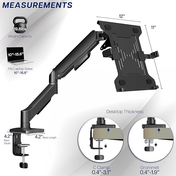 VIVO Universal Adjustable 10 to 15.6 inch Laptop Mount for Desk, Single Tension Arm VESA Notebook Stand with C-clamp and Grommet Options, Black, STAND-V001O-L