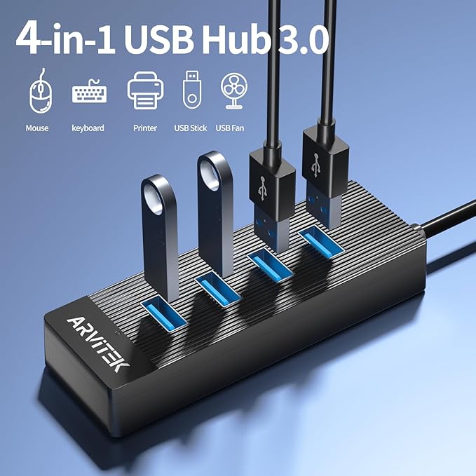 4-Port USB 3.0 Hub for Desktop, USB Extender Hub 5Gbps, USB Multiport Adapter, USB Splitter w/5Ft Long Cable for Desktop, PC, Flash Drive, Mobile HDD (5Ft/1.5m)