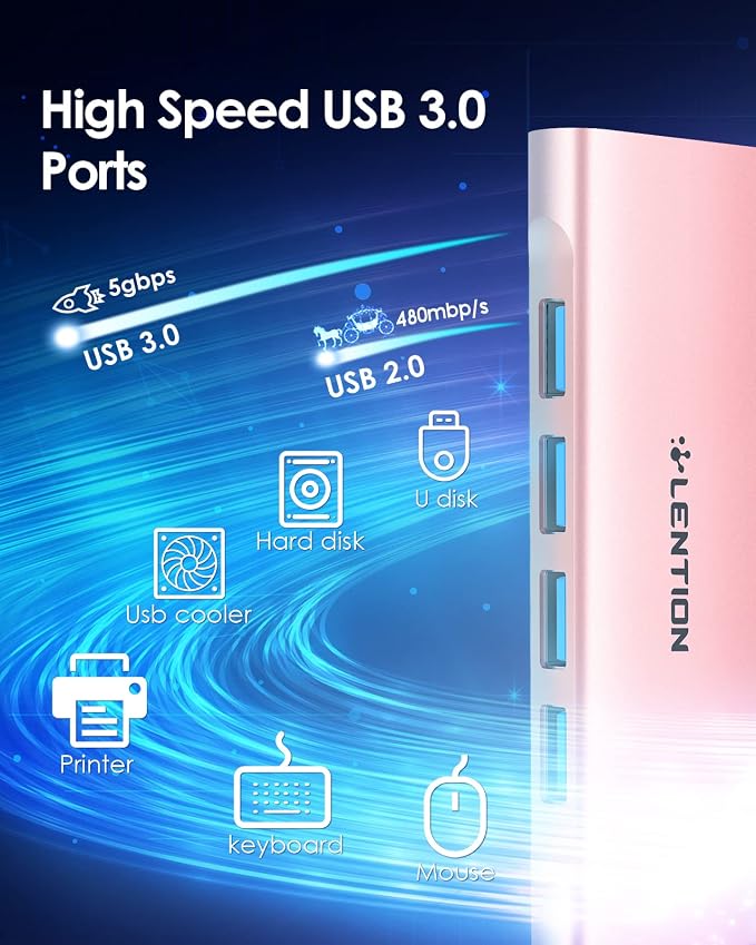LENTION 5-in-1 USB-C Hub, 4 USB3.0, 60W Charging, Multiport Adapter | Ideal for Work & Study, Stable Driver 3.0 Certified, Compatible with macOS, iOS/iPadOS, Windows & ChromeOS (C31, Rose Gold)